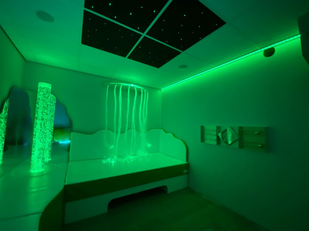 Sensory room with an interactive bubble tube and fibre optic