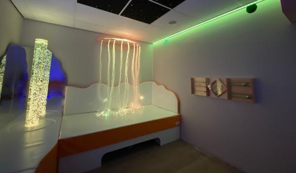 Sensory room with an interactive bubble tube and fibre optic